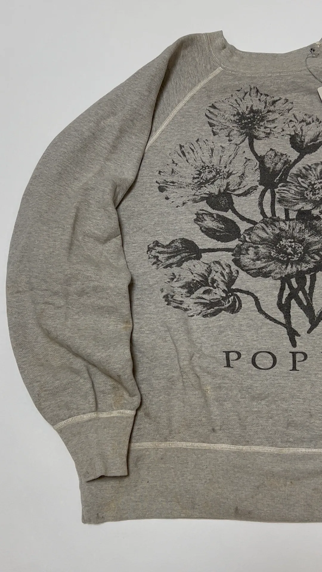 SAINT Mxxxxxx 'FLOWER' CREW NECK SWEAT SHIRTS Floral Distressed Retro Sweatshirt Distressed Gray S-XL Big Factory Four-needle Six-Thread Boneless Stitching Process/Original Horn Sleeve Version Top Printing Process Authentic Level Re-Engraving Garment Washing and Distressing/Hand-worn Graffiti Treatment Original Consistent Fruit Label/Little Angel Anti-Counterfeiting Label